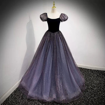 Princess Tulle Short Sleeves Long Prom Dresses HZ1023